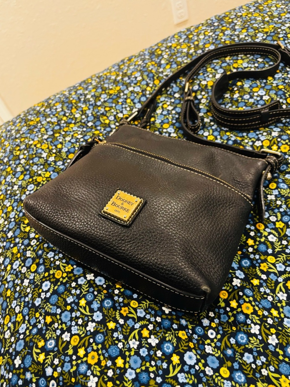 Dooney & Bourke Black Pebble Leather Crossbody with Gold Logo Plaque